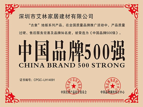 中國品牌500強證書